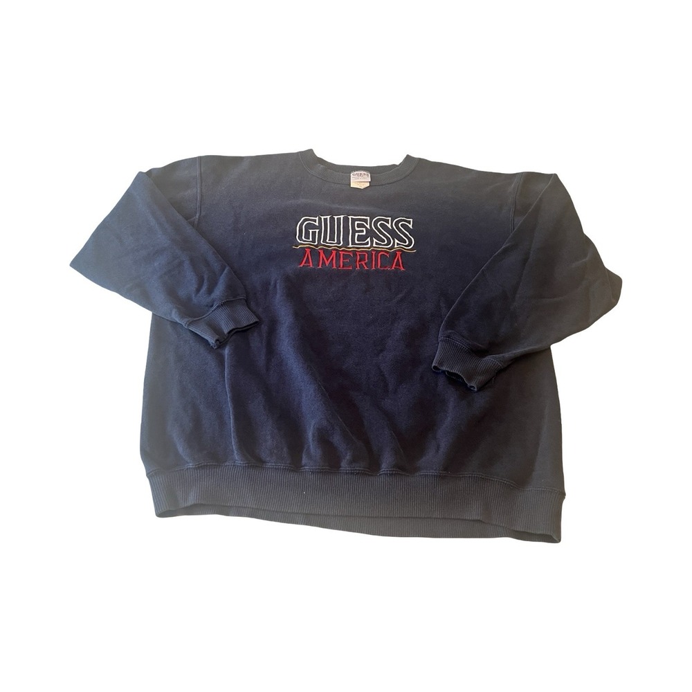 VTG Guess America Navy Crewneck Mens M Embroidered Spellout Sweatshirt‎ USA